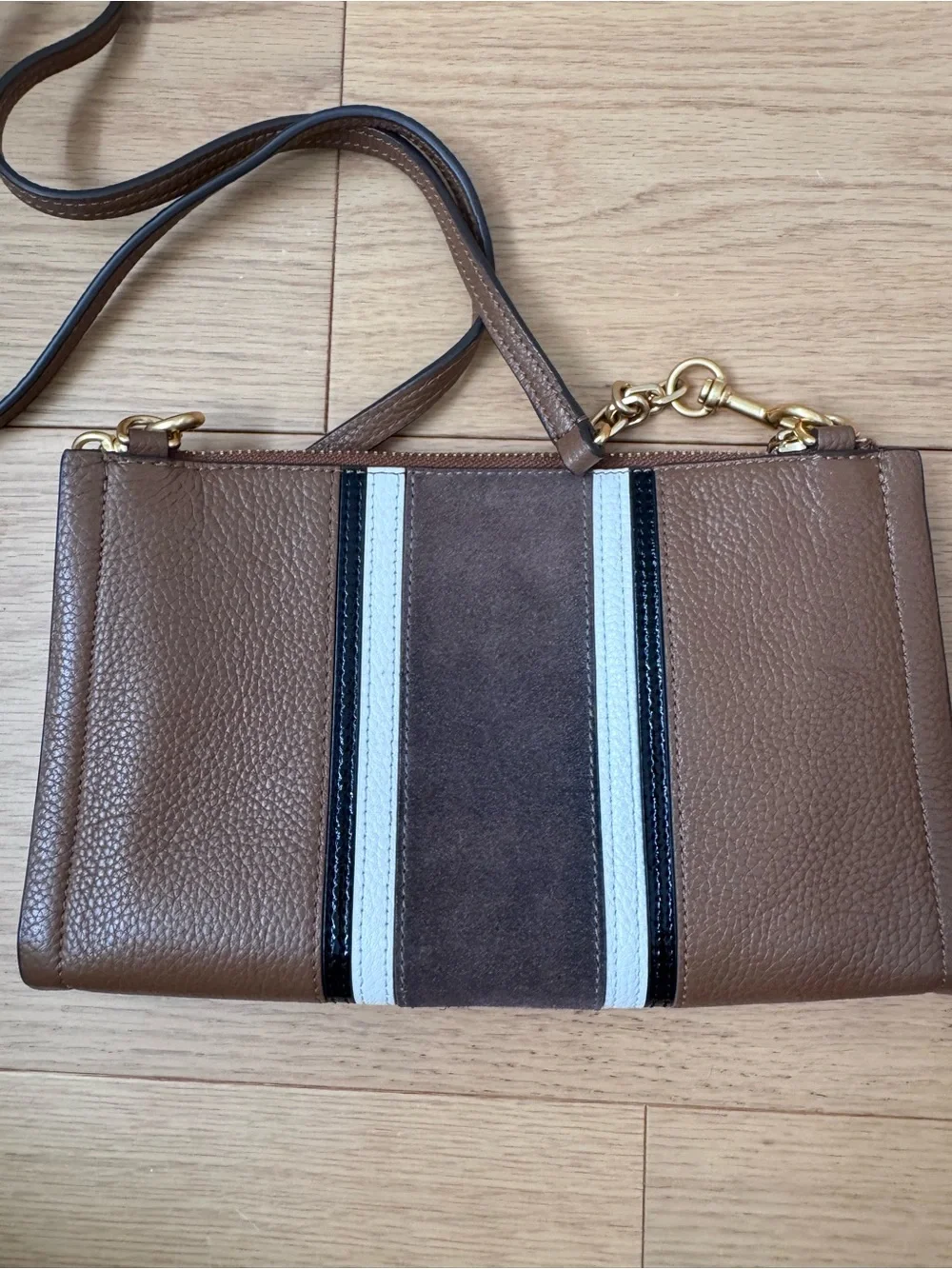 Tory Burch Carson Brown Leather Crossbody with White and Black Stripe